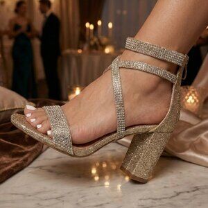 NWT Bonnibel Gold Rhinestone Strappy Block Heel Sandals | 3" Heel Prom Wedding